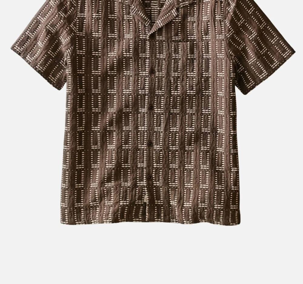 NEW MARINE LAYER men's dobby resort short sleeve shirt in brown